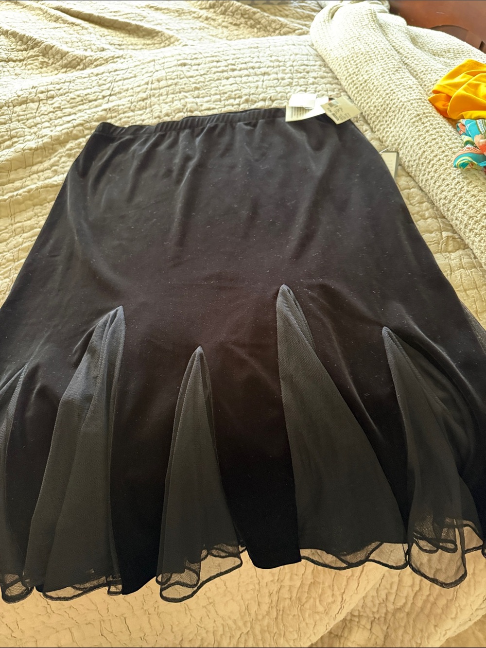 Xscape Black A-Line Skirt with Chiffon Petal Hem see thru large stretchy elastic